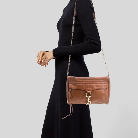 Rebecca Minkoff Brown Genuine Leather Zippered Studded Crossbody Chain Bag Purse - Picture 1 of 12